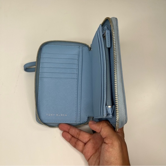 TORY BURCH Light Blue Saffiano Zip Around Wrist Wallet - Picture 7 of 10